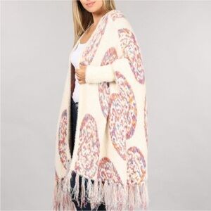 FUZZY OVERSIZED fringe Aztec Poncho cardigan sweater cozy multicolor cream